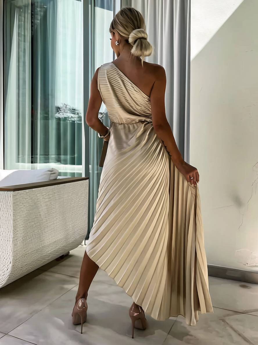 Heidi-Mode | Langes Ein-Schulter Plisseekleid Ärmellos Weiblich Elegant Casual Prom Strand