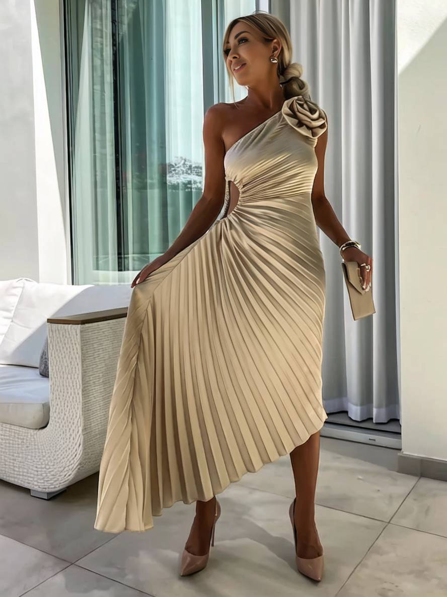 Heidi-Mode | Langes Ein-Schulter Plisseekleid Ärmellos Weiblich Elegant Casual Prom Strand