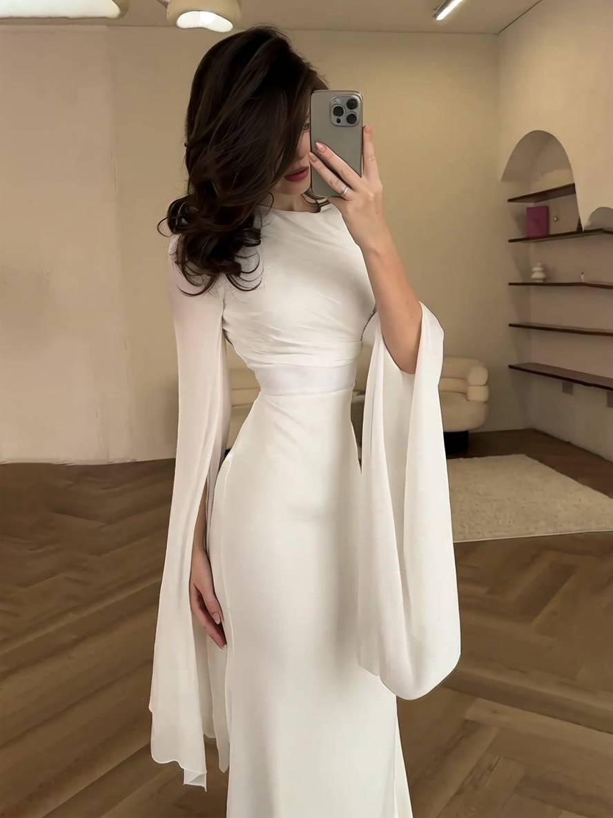 Heidi-Mode | Langes Satin Kleid Enger Runder Ausschnitt Gesplittete Ärmel Lange Ärmel Damen Elegant Abend Ball Prom Zeremonie