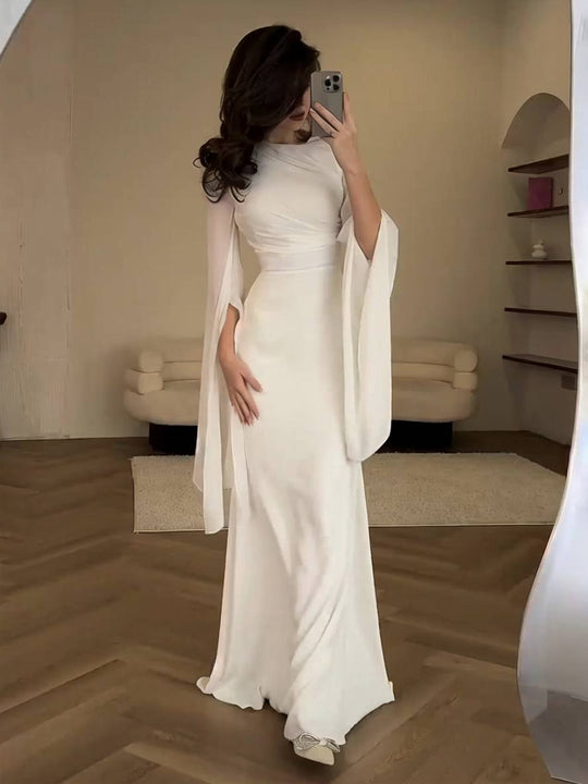 Heidi-Mode | Langes Satin Kleid Enger Runder Ausschnitt Gesplittete Ärmel Lange Ärmel Damen Elegant Abend Ball Prom Zeremonie