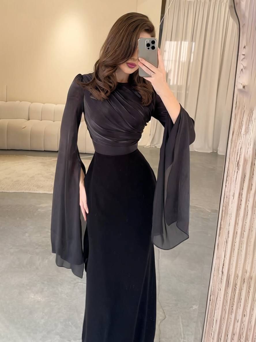 Heidi-Mode | Langes Satin Kleid Enger Runder Ausschnitt Gesplittete Ärmel Lange Ärmel Damen Elegant Abend Ball Prom Zeremonie