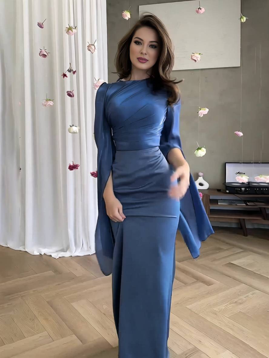 Heidi-Mode | Langes Satin Kleid Enger Runder Ausschnitt Gesplittete Ärmel Lange Ärmel Damen Elegant Abend Ball Prom Zeremonie