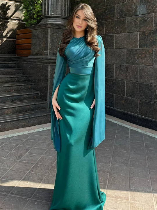 Heidi-Mode | Langes Satin Kleid Enger Runder Ausschnitt Gesplittete Ärmel Lange Ärmel Damen Elegant Abend Ball Prom Zeremonie