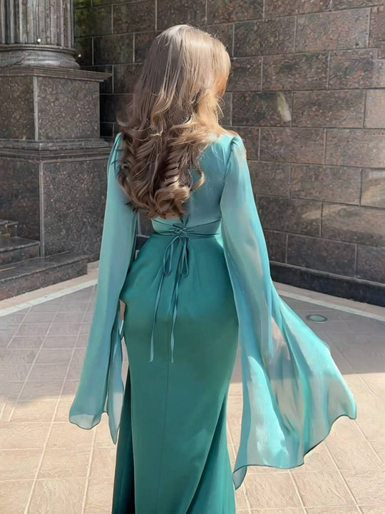 Heidi-Mode | Langes Satin Kleid Enger Runder Ausschnitt Gesplittete Ärmel Lange Ärmel Damen Elegant Abend Ball Prom Zeremonie