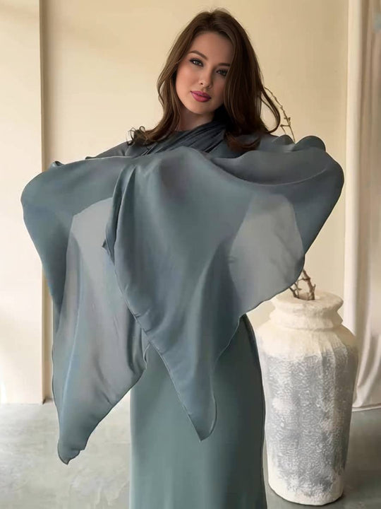 Heidi-Mode | Langes Satin Kleid Enger Runder Ausschnitt Gesplittete Ärmel Lange Ärmel Damen Elegant Abend Ball Prom Zeremonie