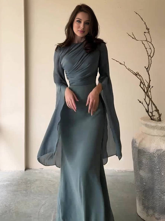 Heidi-Mode | Langes Satin Kleid Enger Runder Ausschnitt Gesplittete Ärmel Lange Ärmel Damen Elegant Abend Ball Prom Zeremonie