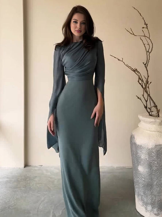 Heidi-Mode | Langes Satin Kleid Enger Runder Ausschnitt Gesplittete Ärmel Lange Ärmel Damen Elegant Abend Ball Prom Zeremonie