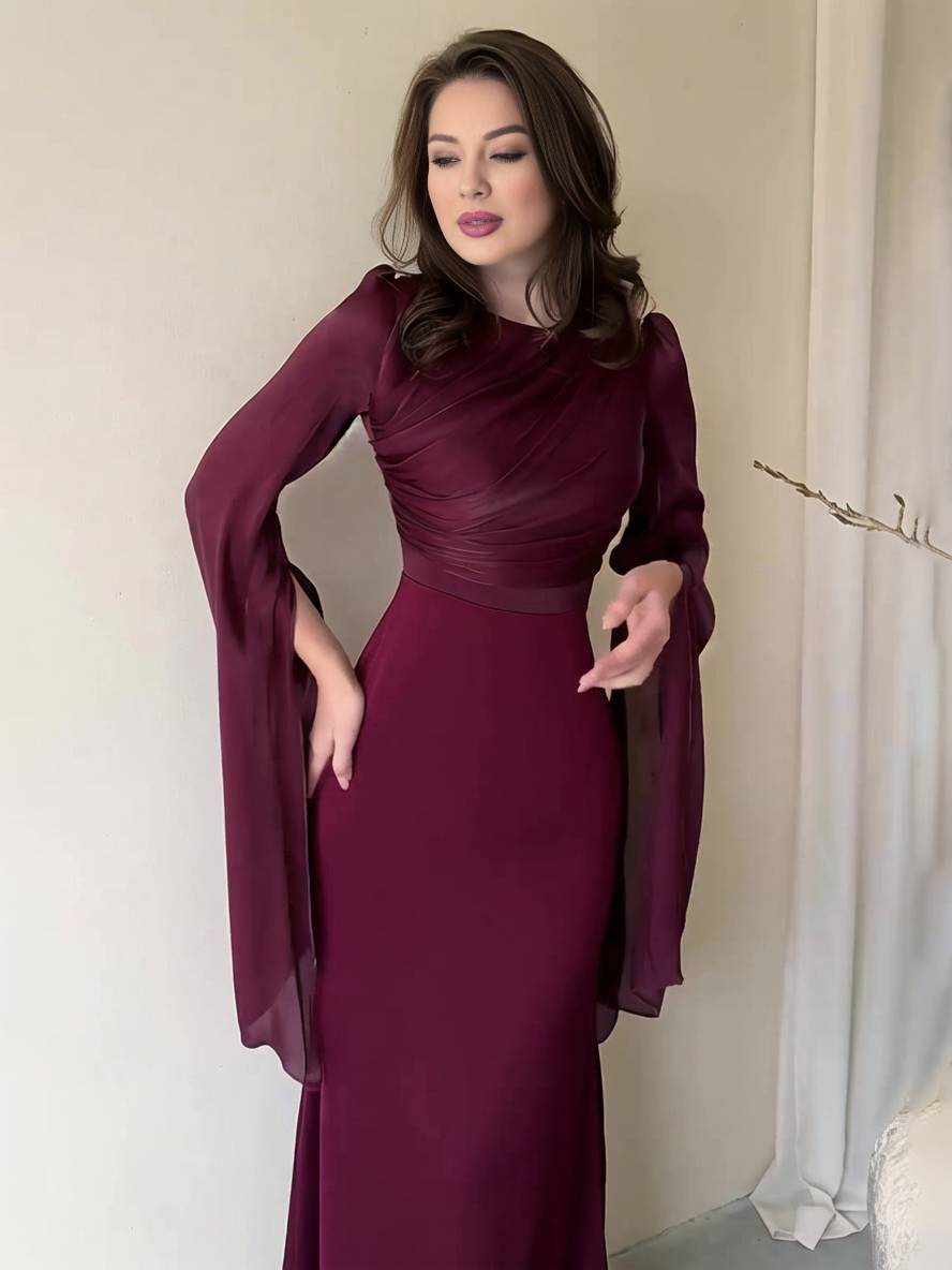 Heidi-Mode | Langes Satin Kleid Enger Runder Ausschnitt Gesplittete Ärmel Lange Ärmel Damen Elegant Abend Ball Prom Zeremonie