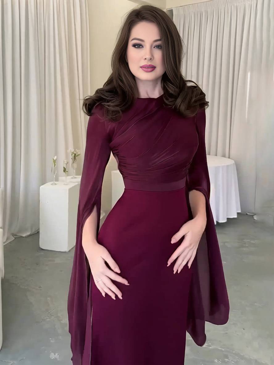 Heidi-Mode | Langes Satin Kleid Enger Runder Ausschnitt Gesplittete Ärmel Lange Ärmel Damen Elegant Abend Ball Prom Zeremonie