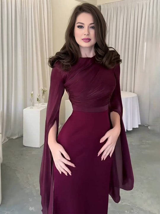Heidi-Mode | Langes Satin Kleid Enger Runder Ausschnitt Gesplittete Ärmel Lange Ärmel Damen Elegant Abend Ball Prom Zeremonie