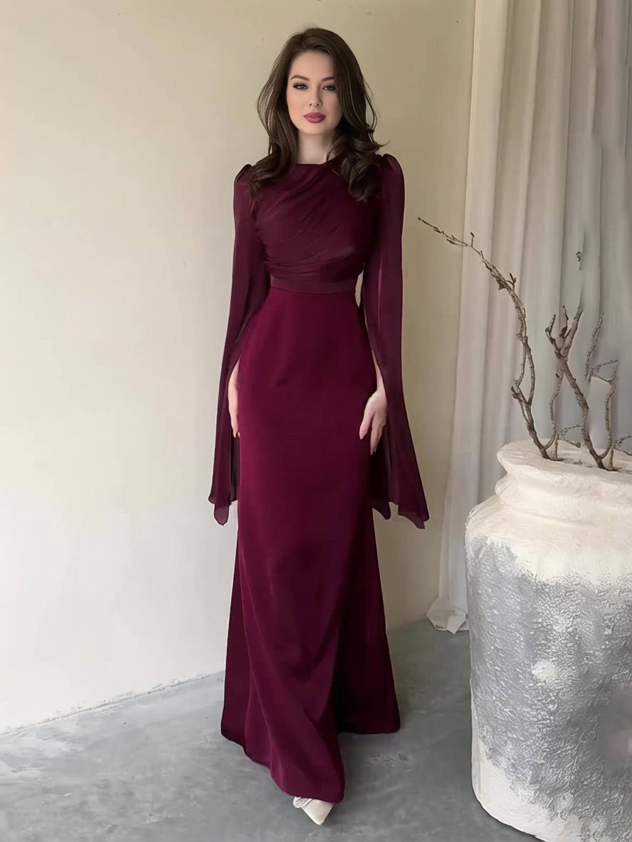 Heidi-Mode | Langes Satin Kleid Enger Runder Ausschnitt Gesplittete Ärmel Lange Ärmel Damen Elegant Abend Ball Prom Zeremonie