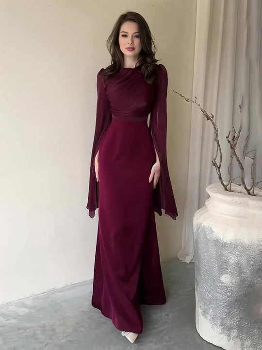 Heidi-Mode | Langes Satin Kleid Enger Runder Ausschnitt Gesplittete Ärmel Lange Ärmel Damen Elegant Abend Ball Prom Zeremonie