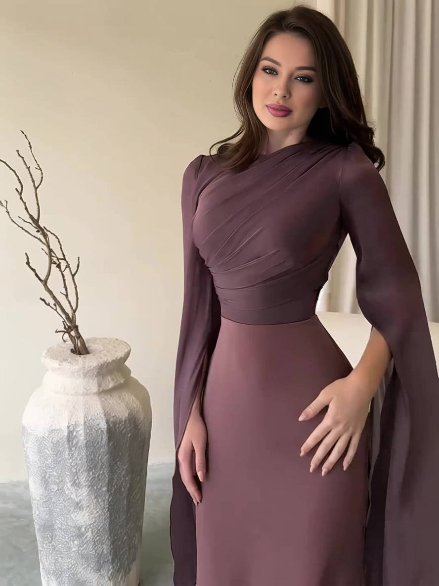 Heidi-Mode | Langes Satin Kleid Enger Runder Ausschnitt Gesplittete Ärmel Lange Ärmel Damen Elegant Abend Ball Prom Zeremonie