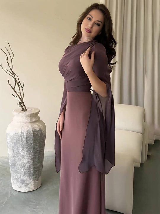Heidi-Mode | Langes Satin Kleid Enger Runder Ausschnitt Gesplittete Ärmel Lange Ärmel Damen Elegant Abend Ball Prom Zeremonie