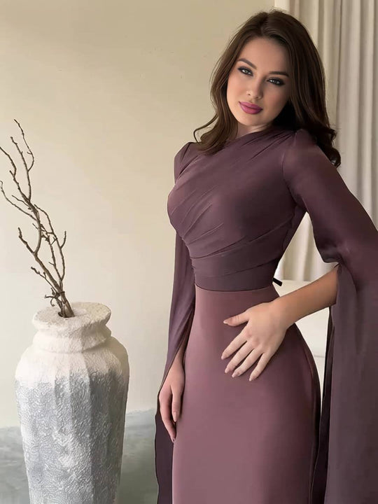 Heidi-Mode | Langes Satin Kleid Enger Runder Ausschnitt Gesplittete Ärmel Lange Ärmel Damen Elegant Abend Ball Prom Zeremonie