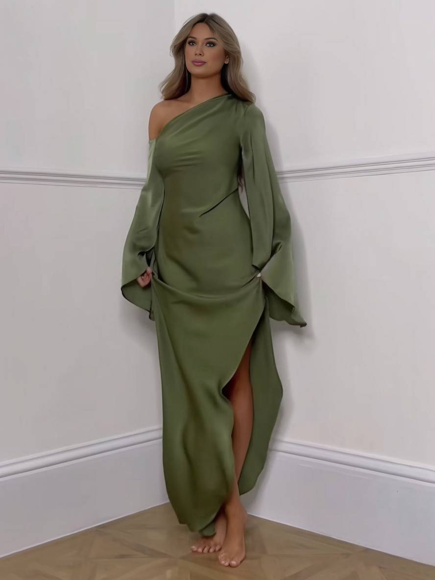 Heidi-Mode | Langes Ein Schulter Spaltenkleid Seide Trompetenärmel Lange Ärmel Damen Elegantes Abschlussballkleid