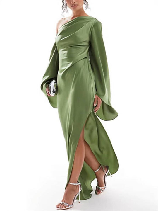 Heidi-Mode | Langes Ein Schulter Spaltenkleid Seide Trompetenärmel Lange Ärmel Damen Elegantes Abschlussballkleid