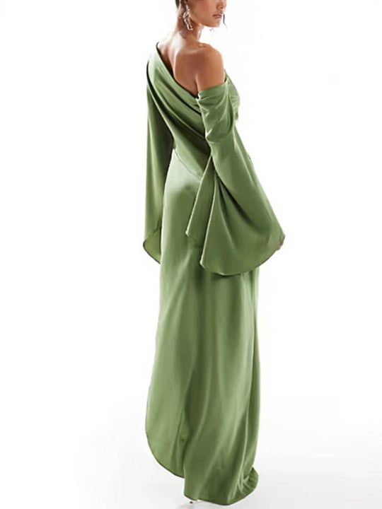 Heidi-Mode | Langes Ein Schulter Spaltenkleid Seide Trompetenärmel Lange Ärmel Damen Elegantes Abschlussballkleid