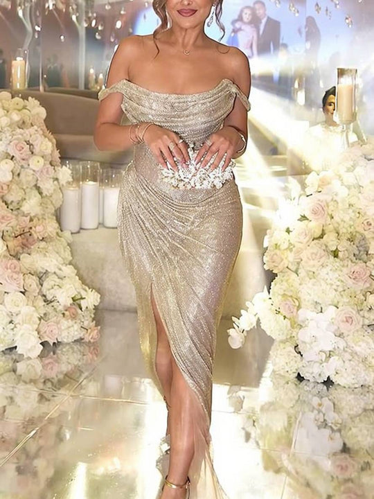 Heidi-Mode | Langes Kleid Glänzende Pailletten Boot-Ausschnitt Unregelmäßiger Schlitz Seitlich Ärmellos Elegant Abend für Hochzeit