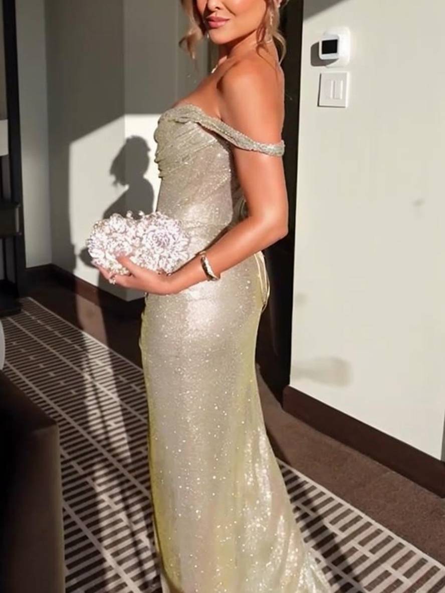 Heidi-Mode | Langes Kleid Glänzende Pailletten Boot-Ausschnitt Unregelmäßiger Schlitz Seitlich Ärmellos Elegant Abend für Hochzeit