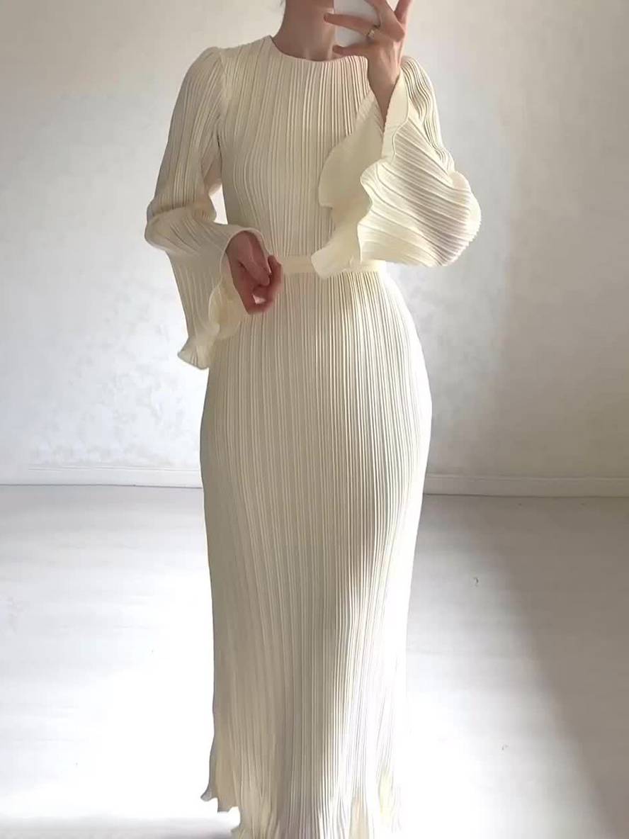 Heidi-Mode | Langes Fließendes Kleid Gürtel Rundhals Trompetenärmel Elegant Prom Abend