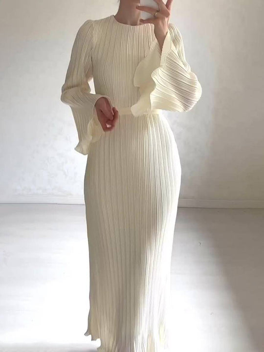 Heidi-Mode | Langes Fließendes Kleid Gürtel Rundhals Trompetenärmel Elegant Prom Abend