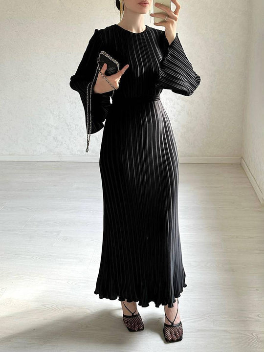 Heidi-Mode | Langes Fließendes Kleid Gürtel Rundhals Trompetenärmel Elegant Prom Abend