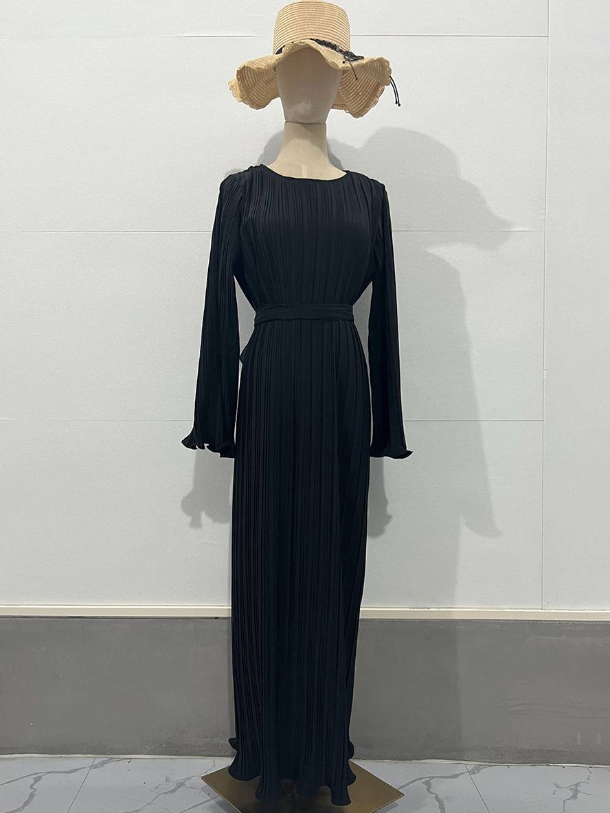 Heidi-Mode | Langes Fließendes Kleid Gürtel Rundhals Trompetenärmel Elegant Prom Abend