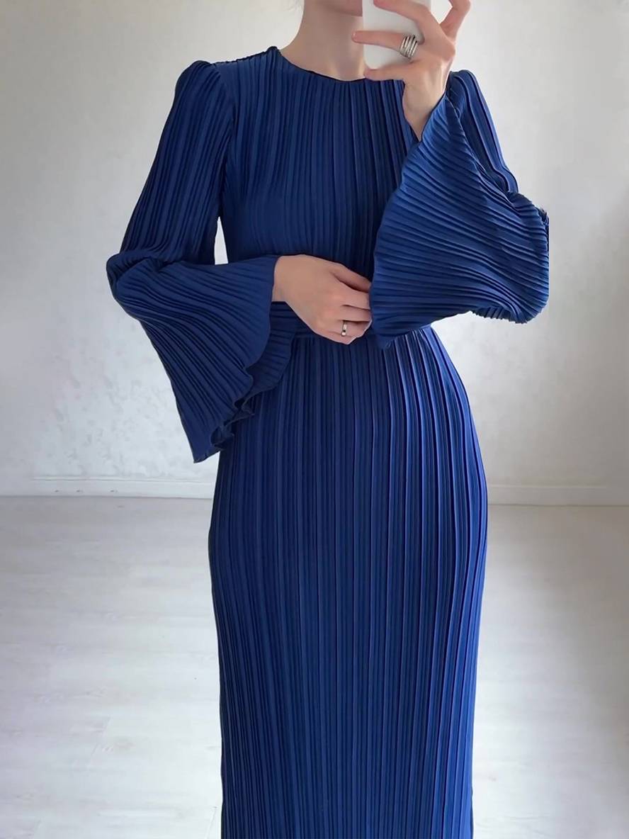 Heidi-Mode | Langes Fließendes Kleid Gürtel Rundhals Trompetenärmel Elegant Prom Abend