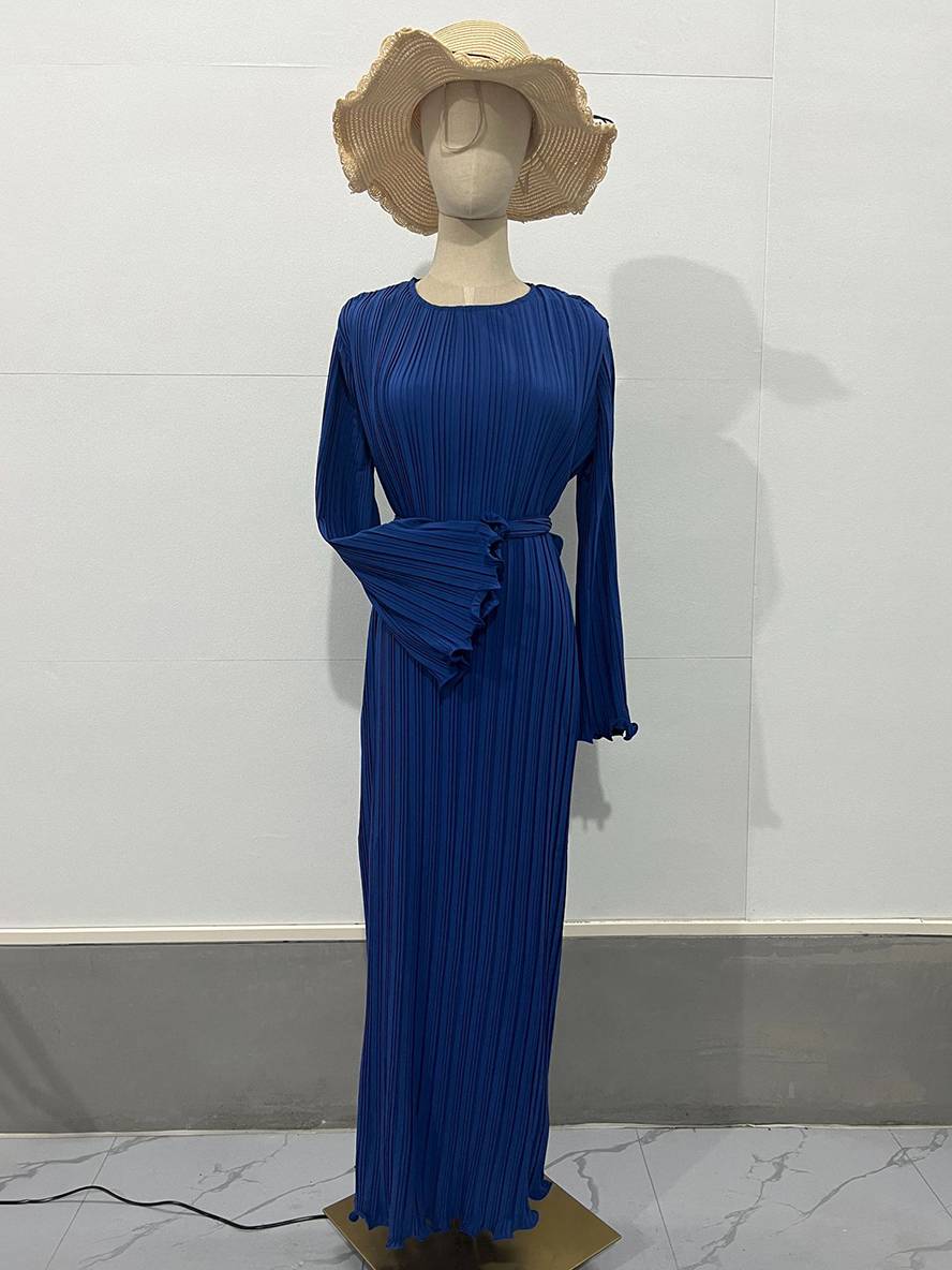 Heidi-Mode | Langes Fließendes Kleid Gürtel Rundhals Trompetenärmel Elegant Prom Abend