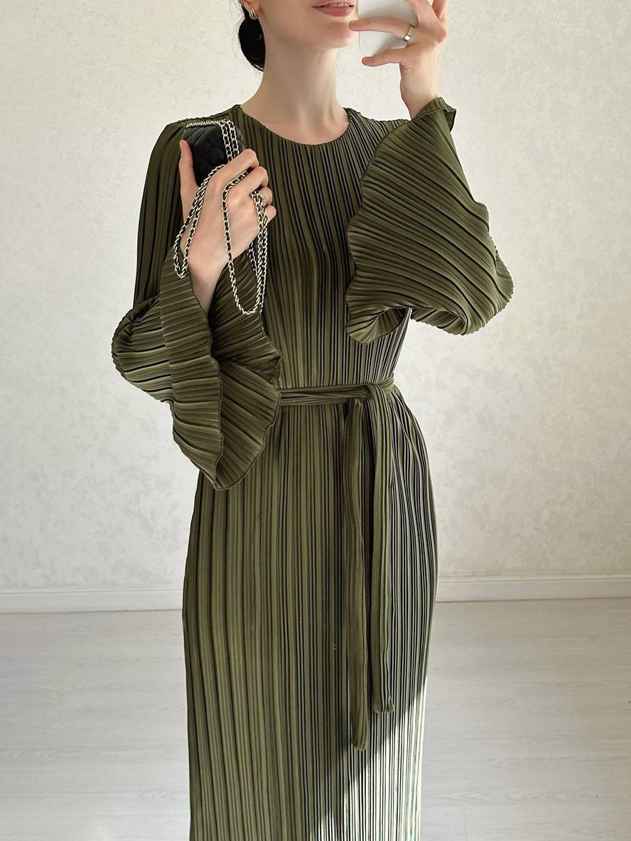Heidi-Mode | Langes Fließendes Kleid Gürtel Rundhals Trompetenärmel Elegant Prom Abend