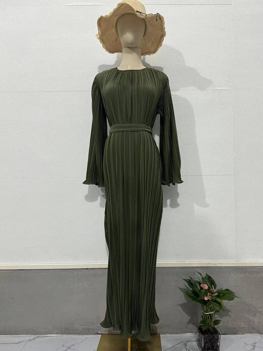Heidi-Mode | Langes Fließendes Kleid Gürtel Rundhals Trompetenärmel Elegant Prom Abend