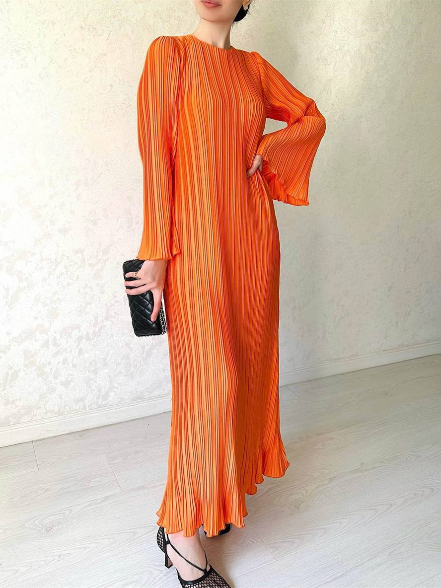 Heidi-Mode | Langes Fließendes Kleid Gürtel Rundhals Trompetenärmel Elegant Prom Abend
