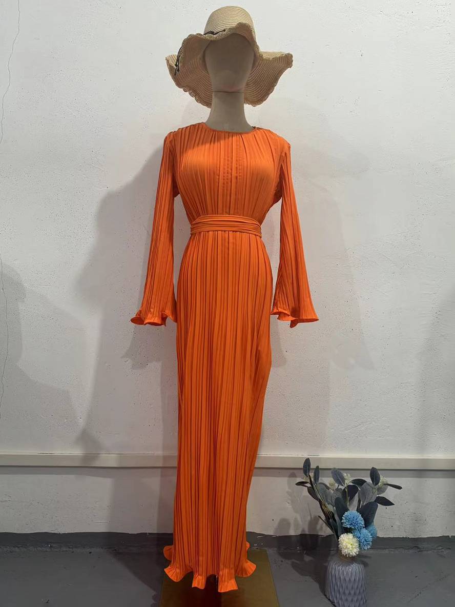 Heidi-Mode | Langes Fließendes Kleid Gürtel Rundhals Trompetenärmel Elegant Prom Abend
