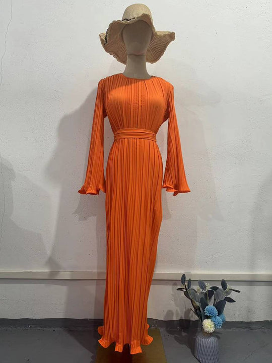 Heidi-Mode | Langes Fließendes Kleid Gürtel Rundhals Trompetenärmel Elegant Prom Abend