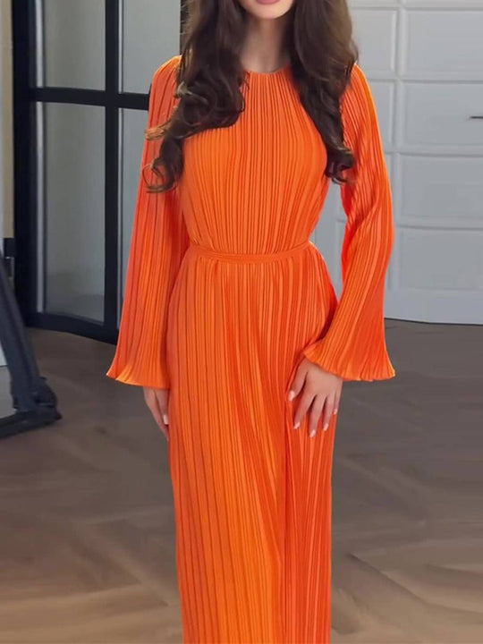 Heidi-Mode | Langes Fließendes Kleid Gürtel Rundhals Trompetenärmel Elegant Prom Abend