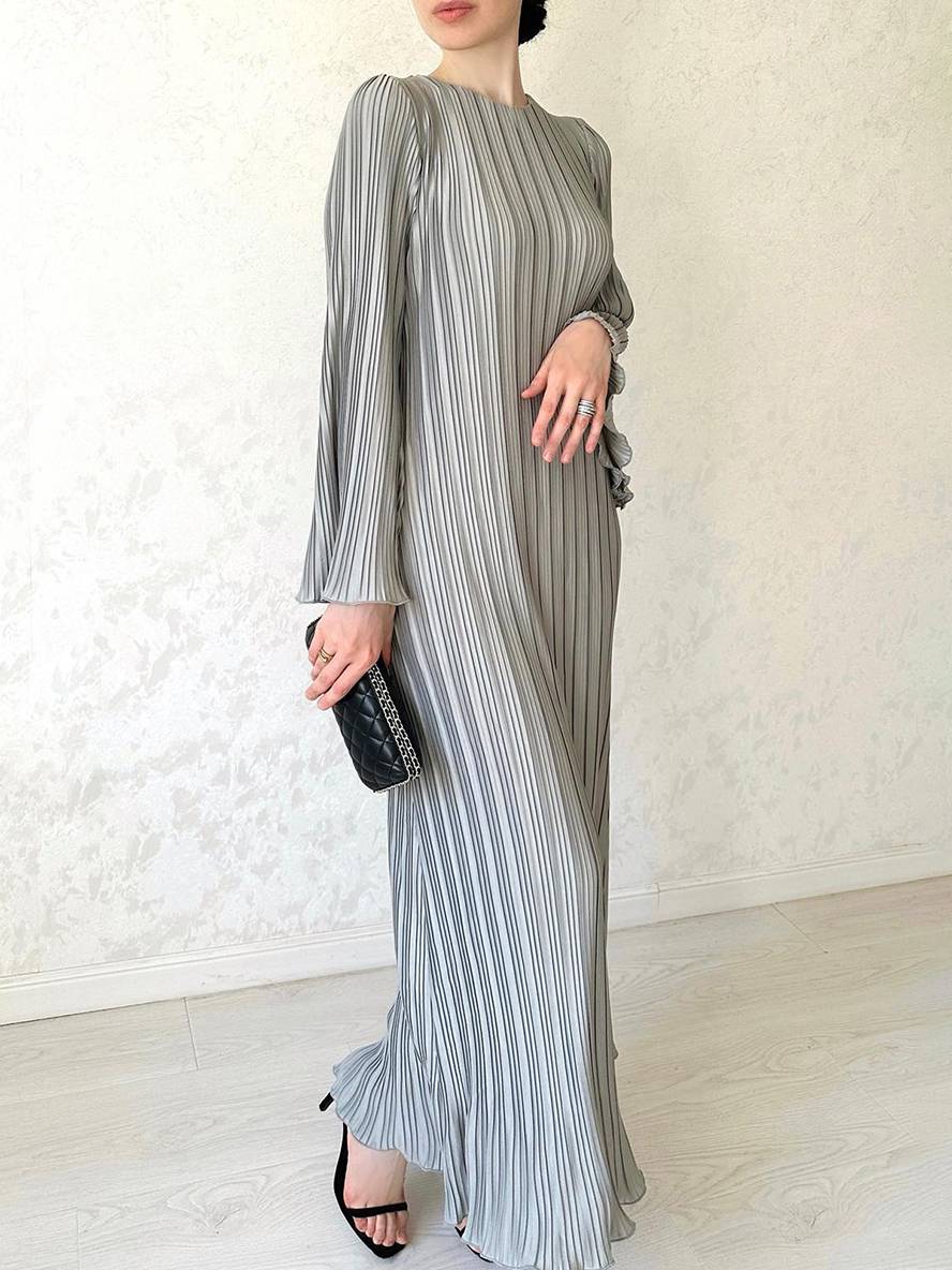 Heidi-Mode | Langes Fließendes Kleid Gürtel Rundhals Trompetenärmel Elegant Prom Abend