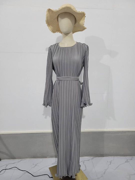 Heidi-Mode | Langes Fließendes Kleid Gürtel Rundhals Trompetenärmel Elegant Prom Abend