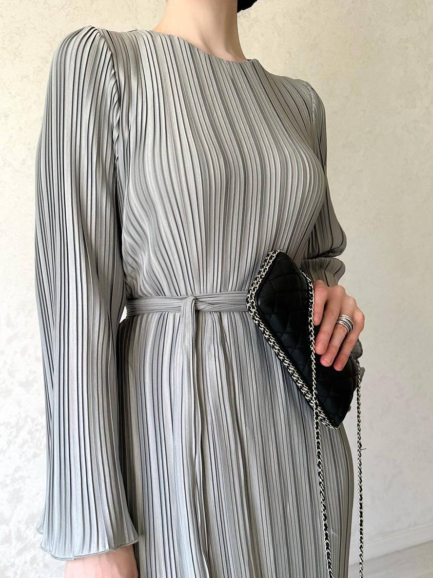 Heidi-Mode | Langes Fließendes Kleid Gürtel Rundhals Trompetenärmel Elegant Prom Abend
