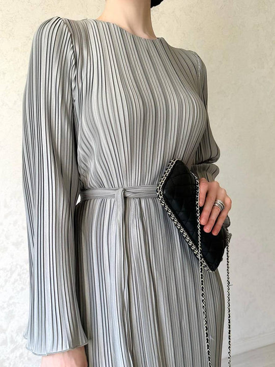 Heidi-Mode | Langes Fließendes Kleid Gürtel Rundhals Trompetenärmel Elegant Prom Abend