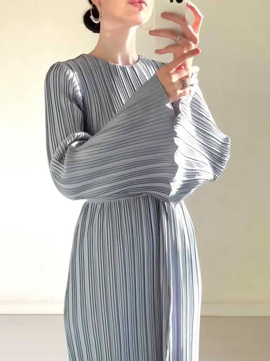 Heidi-Mode | Langes Fließendes Kleid Gürtel Rundhals Trompetenärmel Elegant Prom Abend