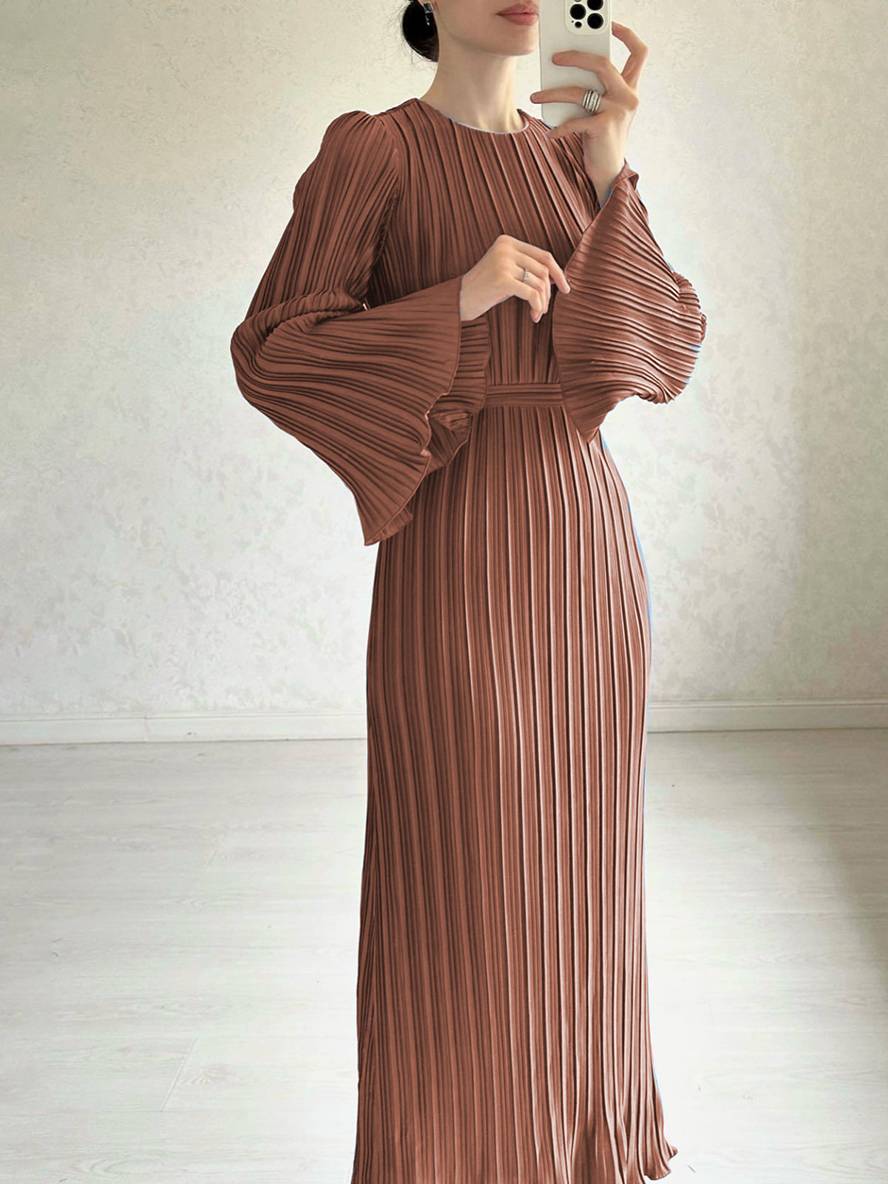 Heidi-Mode | Langes Fließendes Kleid Gürtel Rundhals Trompetenärmel Elegant Prom Abend