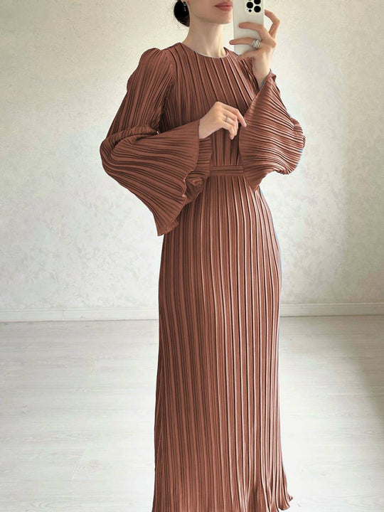 Heidi-Mode | Langes Fließendes Kleid Gürtel Rundhals Trompetenärmel Elegant Prom Abend