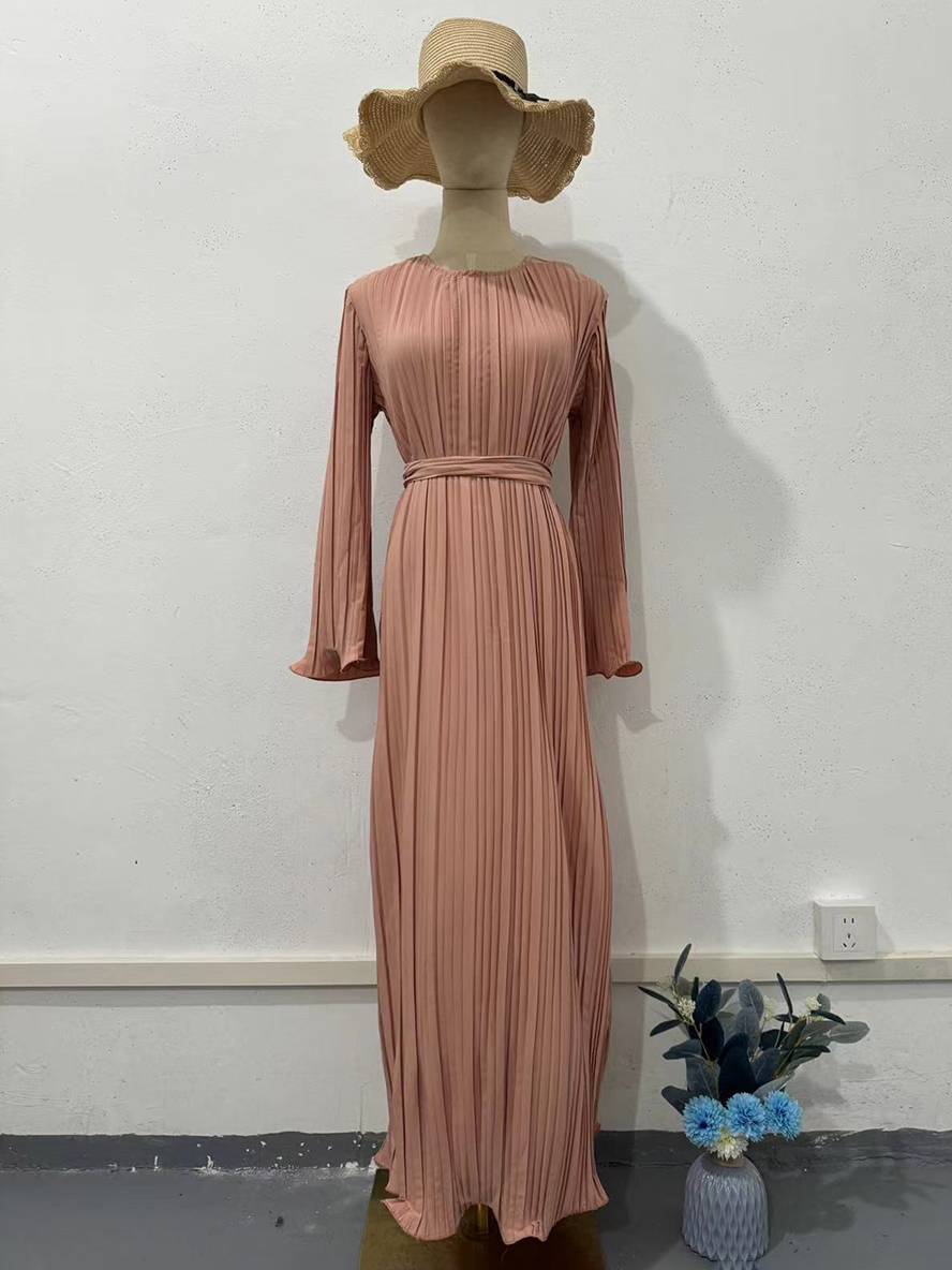 Heidi-Mode | Langes Fließendes Kleid Gürtel Rundhals Trompetenärmel Elegant Prom Abend