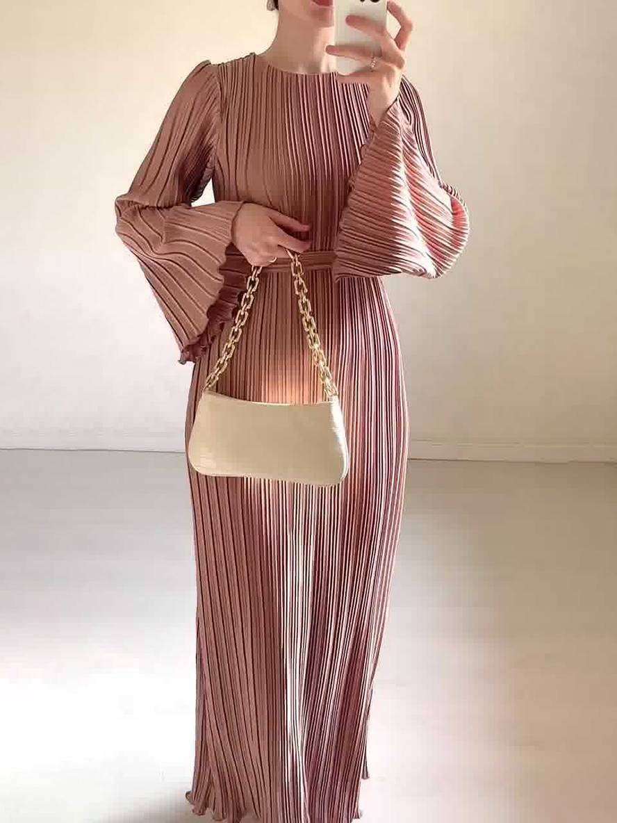 Heidi-Mode | Langes Fließendes Kleid Gürtel Rundhals Trompetenärmel Elegant Prom Abend