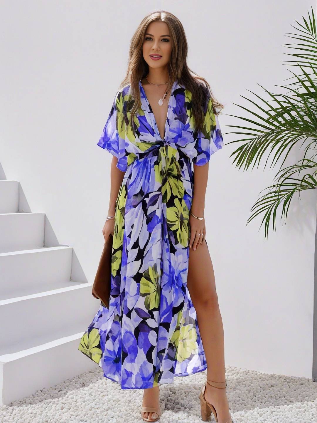 Heidi-Mode | Langes Bohemian Kleid mit Blumenmuster V-Ausschnitt Schlitz Ärmel Bis Zum Ellenbogen Damen Boho Casual Weit Hawaiiansches Strandkleid