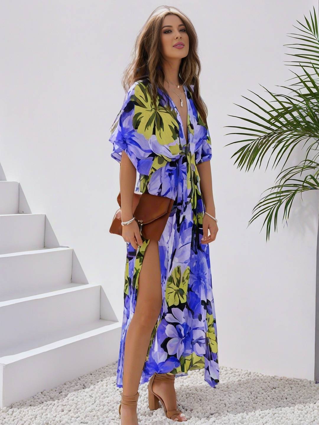 Heidi-Mode | Langes Bohemian Kleid mit Blumenmuster V-Ausschnitt Schlitz Ärmel Bis Zum Ellenbogen Damen Boho Casual Weit Hawaiiansches Strandkleid