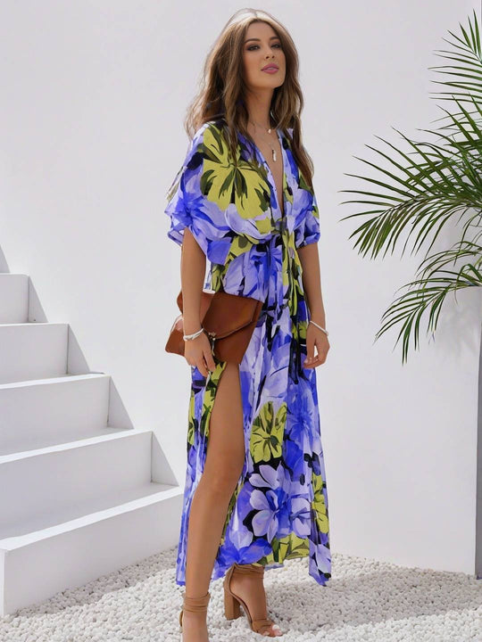Heidi-Mode | Langes Bohemian Kleid mit Blumenmuster V-Ausschnitt Schlitz Ärmel Bis Zum Ellenbogen Damen Boho Casual Weit Hawaiiansches Strandkleid