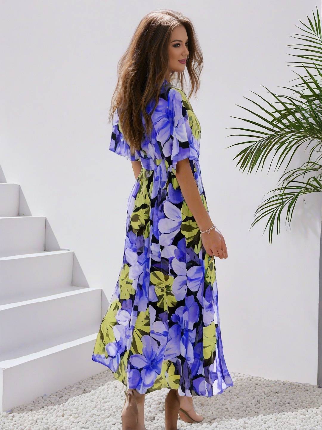 Heidi-Mode | Langes Bohemian Kleid mit Blumenmuster V-Ausschnitt Schlitz Ärmel Bis Zum Ellenbogen Damen Boho Casual Weit Hawaiiansches Strandkleid