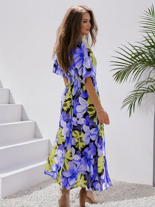 Heidi-Mode | Langes Bohemian Kleid mit Blumenmuster V-Ausschnitt Schlitz Ärmel Bis Zum Ellenbogen Damen Boho Casual Weit Hawaiiansches Strandkleid